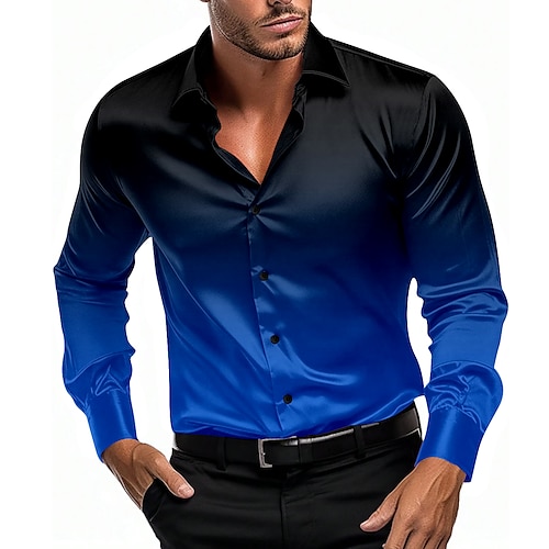 

Мужские повседневные деловые рубашки из атласа из искусственного шелка, формальные летние, весенне-осенние, отложные с длинными рукавами, синие s, m, l
