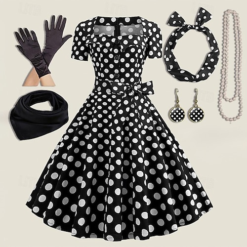 

vestido feminino evasê rockabilly vestido de bolinhas vestido de balanço com acessórios conjunto anos 1950 anos 60 retrô vintage com faixa na cabeça brincos de chiffon cachecol óculos de gato óculos