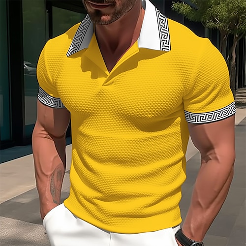 

Men's Waffle Polo Shirt Business Polo Work Casual Lapel Ribbed Polo Collar Short Sleeve Basic Modern Color Block Patchwork Button Spring & Summer Regular Fit Light Yellow Dark red Black White Navy