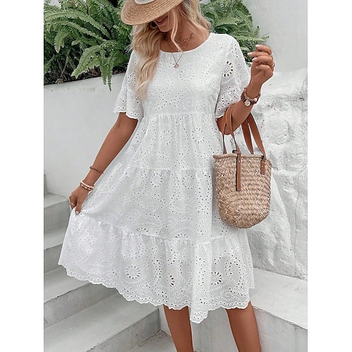 

Women's White Dress Midi Dress Lace Patchwork Streetwear Casual V Neck Short Sleeve White Color
