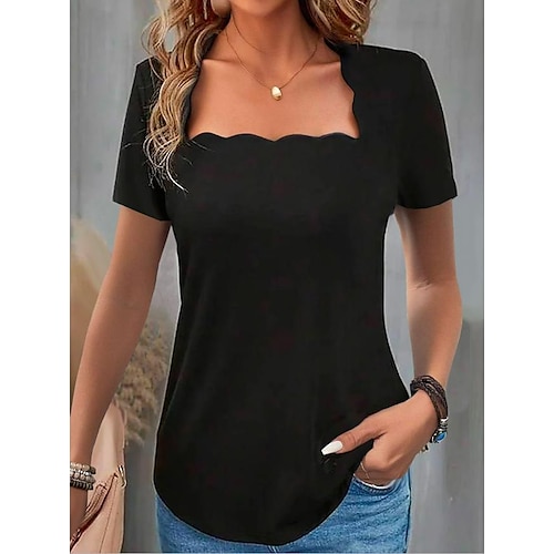 

Women's T shirt Tee Plain Ruffle Party Daily Stylish Basic Short Sleeve U Neck Black Summer