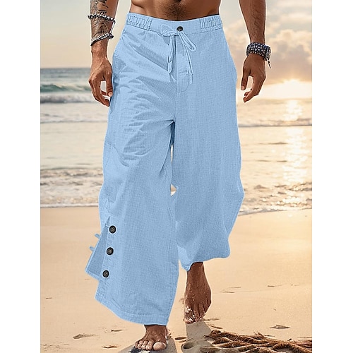 

Men's Linen Pants Trousers Summer Pants Button Front Pocket Pleats Plain Comfort Breathable Full Length Casual Daily Holiday Fashion Basic White Blue