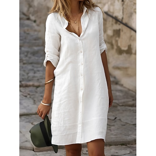 

Women's White Dress Linen Dress Shirt Dress Mini Dress Button Basic Daily Shirt Collar 3/4 Length Sleeve Summer Spring Black White Plain