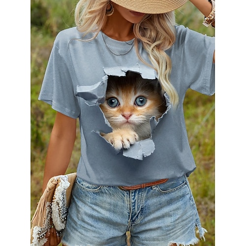 

Women's T shirt Tee 3D cat Print Daily Weekend Fashion Short Sleeve White Summer