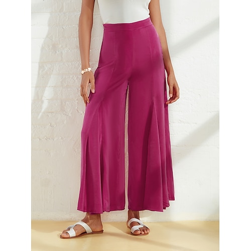 

Women's Wide Leg Pants Burgundy Satin Pocket Casual Elegant Loose Fit Pants Spring Summer
