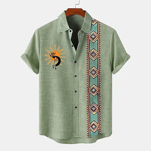 

Men's Ethnic Shirt Holiday Casual Tribal Summer Spring Stand Collar Short Sleeve Green, khaki, Beige Shirt 18.6% Linen 63.2% Polyester 18.2% Cellulose Fiber