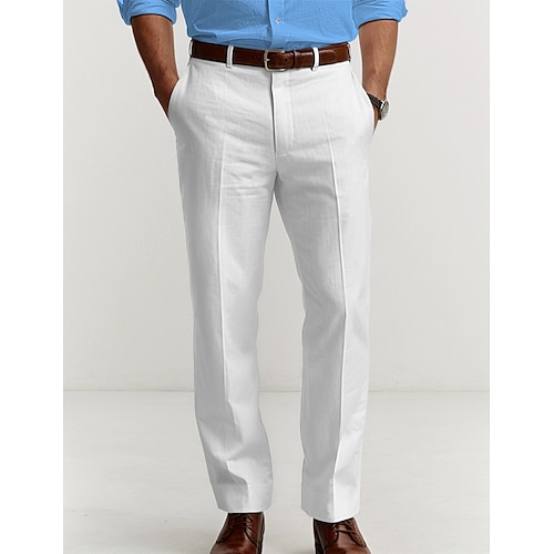 

Men's Linen Pants Trousers Summer Pants Button Front Pocket Straight Leg Plain Comfort Breathable Casual Daily Holiday Linen Cotton Blend Fashion Basic Black White