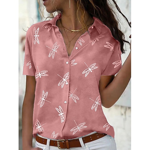 

Women's Shirt Blouse Animal Button Print Daily Vacation Casual Short Sleeve Shirt Collar Pink Spring & Summer
