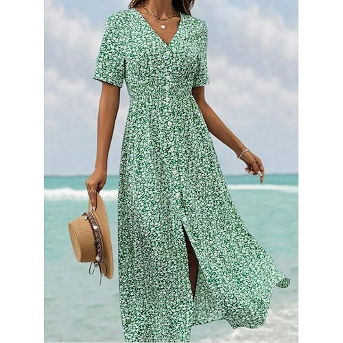 

Women's Floral Maxi Dress Green Chiffon A Line Dress Tiered V Neck Hawaiian BeachVacation Short Sleeve Button Summer