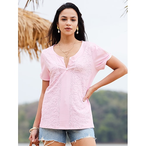 

Women's T shirt Tee Henley Shirt Blouse Plain Casual Button Cut Out Pink Short Sleeve Basic V Neck