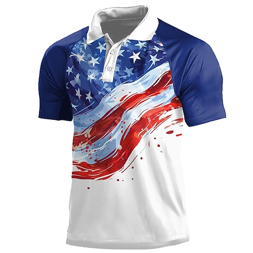 

National Flag Men's Casual 3D Polo Shirt Street Daily Holiday American Independence Day Cotton Blend Short Sleeve Turndown Polo Shirts White Red Spring & Summer S M L Micro-elastic Lapel Polo