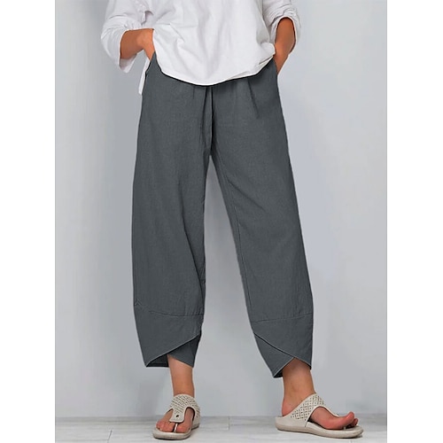 

Women's Pants Trousers Linen Cotton Blend Side Pockets Ankle-Length Black Spring & Summer