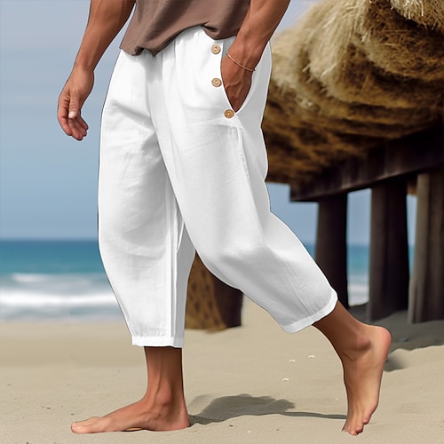 

Men's Linen Pants Trousers Summer Pants Drawstring Elastic Waist Plain Comfort Breathable Full Length Casual Daily Holiday Fashion Classic Style White Blue