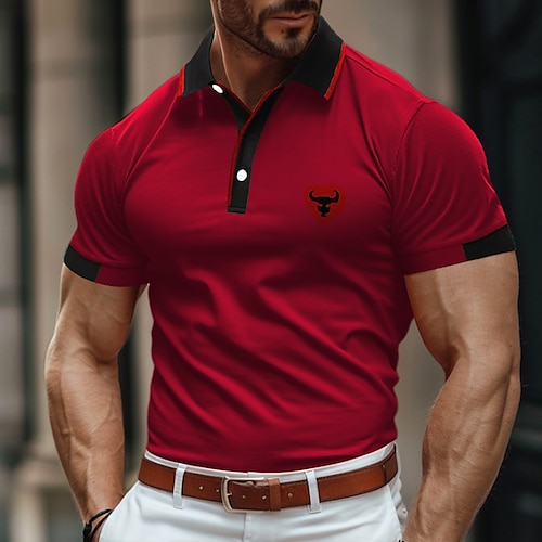 

Men's Polo Shirt Golf Shirt Casual Sports Ribbed Polo Collar Short Sleeve Fashion Basic Color Block Cow Patchwork Embroidered Summer Regular Fit Yellow Red Blue Green Polo Shirt