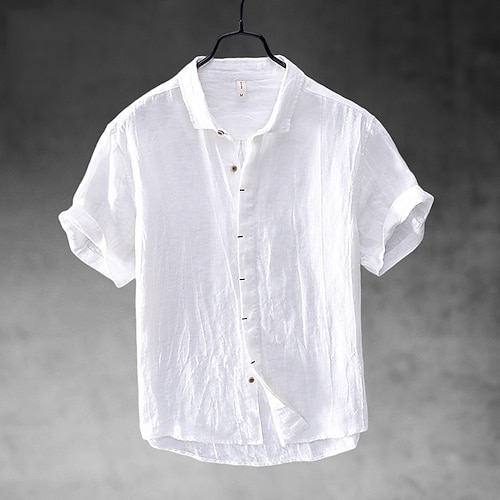 

Men's Shirt Cotton Linen Shirt White Cotton Shirt Casual Shirt White Khaki Light Blue Short Sleeve Plain Turndown Summer Street Hawaiian Clothing Apparel Button-Down