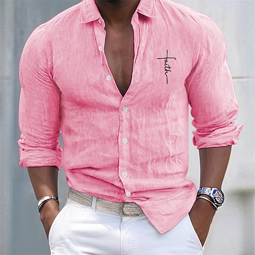 

Men's Shirt Cotton Linen Shirt White Cotton Shirt Casual Shirt Cotton Shirt Black White Pink Long Sleeve Cross Lapel Spring & Fall Hawaiian Holiday Clothing Apparel Button-Down