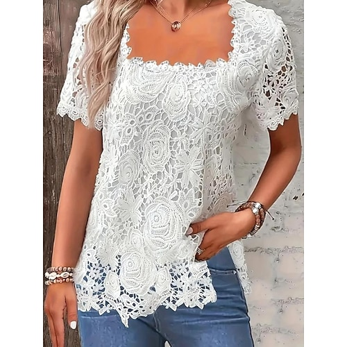

Women's Lace Shirt White Short Sleeve Square Neck Summer