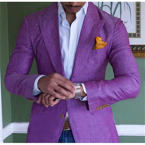 

Men's Linen Blazer Beach Wedding Casual Solid Colored Regular Tailored Fit Single Breasted Two-buttons Blue Purple Green 2024