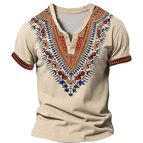 

Африканский узор с v-образным вырезом, мужская футболка в этническом стиле с 3D принтом, футболка Хенли рубашка, повседневная футболка цвета хаки, серая рубашка Хенли с коротким рукавом, летняя