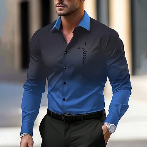 

Christian Men's Business Casual Printed Shirts Formal Button Up Shirts Fall Winter Spring & Summer Turndown Long Sleeve Blue S, M, L 4-Way Stretch Fabric Shirt