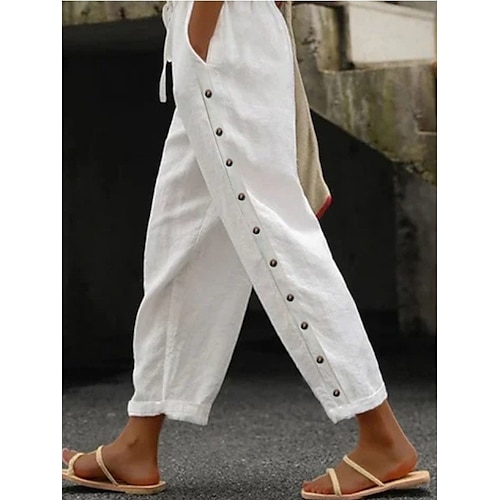 

Women's Casual Cropped Pants with Side Button Detail Loose Fit Elastic Waistband White Breathable Lightweight Fabric Spring Summer Versatile Elegant Fashion Clothing Apparel