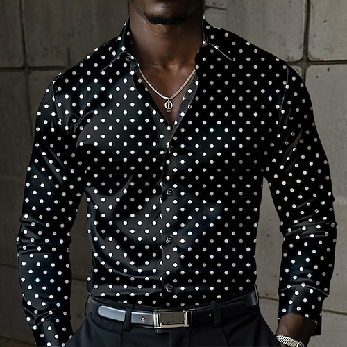 

Мужские повседневные деловые рубашки из атласа из искусственного шелка в горошек, формальные летние, весенне-осенние, отложные с длинными рукавами, черные, синие s, m, l