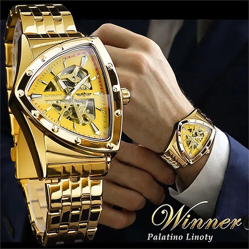

WINNER Triangle Skeleton Automatic Watch Stainless Steel Men Business Casual Irregular Triangle Mechanical Wristwatch Golden Punk Style Male Clock