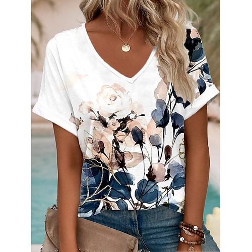

Women's T shirt Tee Ombre Floral Daily Vacation Stylish Short Sleeve V Neck Blue Summer Spring