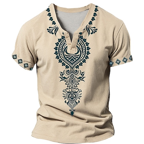 

Baroque V Neck Men's Ethnic Style 3D Print T shirt Tee Henley Shirt Casual Daily T shirt Blue Khaki Short Sleeve Henley Shirt Summer Clothing Apparel S M L XL 2XL 3XL