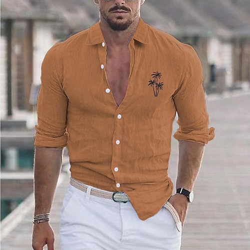  Bărbați Cămașă Cămașă din bumbac și in Cămașă albă din bumbac Cămașă minimalistă Aloha Cămașă casual Cămașă din bumbac Palmier Vacanță Hawaiian Negru Alb Roz Îmbujorat Gri Manșon Lung Rever Primăvara