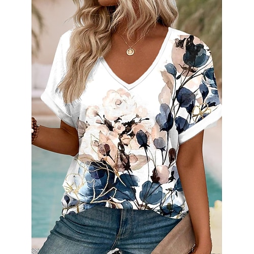  T-shirt pour femmes à impression florale col en V manches courtes haut décontracté rose marine taille multiple vêtements quotidiens de printemps été blouse confortable