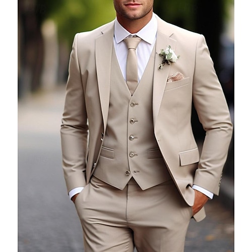 Uomo Matrimonio Matrimonio autunnale Completi Dentellato Verde scuro Cachi Quotidiano Affari Tinta unita Taglie Forti 3 pezzi Monopetto Due Bottoni