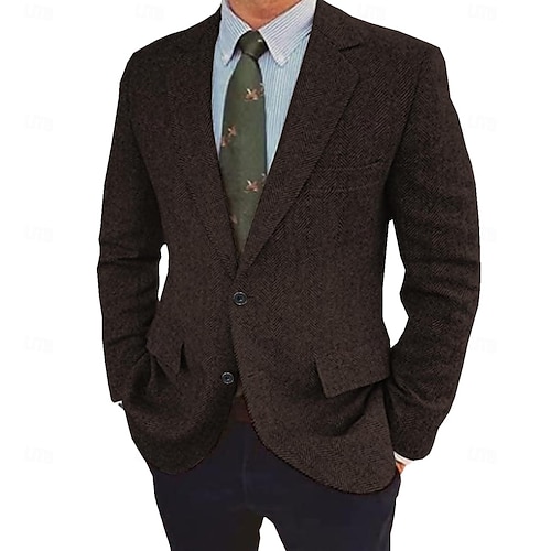  Herren Tweed Fischgrät Blazer Retro Vintage Jacke Winter Regular Übergröße Einreihig Zwei Knöpfe Braun Schwarz Blau