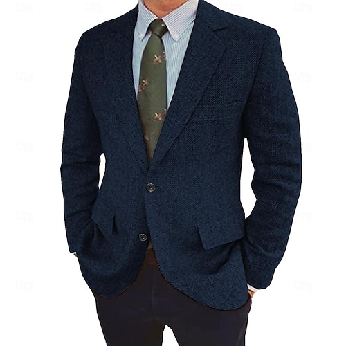  Herren Tweed Fischgrät Blazer Retro Vintage Jacke Winter Regular Übergröße Einreihig Zwei Knöpfe Braun Schwarz Blau