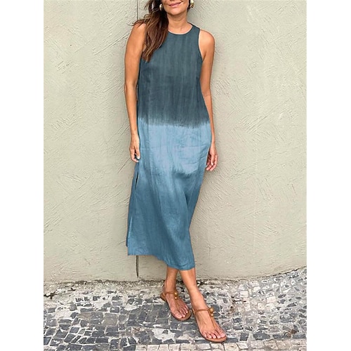 Femmes Robe Longue Maxi Robe Robe maxi Robes inspirées du lin Robe en coton et lin Robe d'Été Robe d'été en coton Élégant Vacances Quotidien Date Coupe régulière A Ombre Manche Courte Col ras du cou