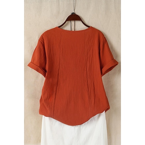 Camicia da donna patchwork casual quotidiana weekend a tinta unita casual in lino a maniche corte colletto rotondo bianca estate primavera
