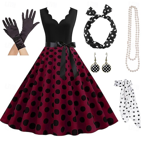 Nihsatin - Vestido de swing retro estilo rockabilly de los años 50 con lunares, vestido de cóctel con cinturón, Negro, Pequeña Nihsatin - Vestido de swing retro estilo rockabilly de los años 50 con lunares, vestido de cóctel con cinturón, Negro, Pequeña
