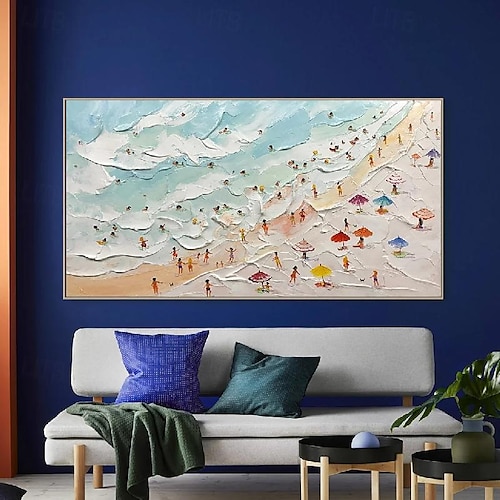  dipinto a mano happy coast pittura nuoto pittura pittura personalizzata texture onda spiaggia pittura a olio arte della parete regalo personalizzato arte estate arte costale folle sulla riva pittura