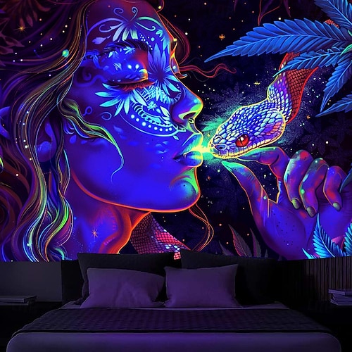  gobelin z czarnym światłem UV reaktywny świecący w ciemności świecąca impreza neonowa kobieta marihuana psychodeliczny trippy mglisty wiszący gobelin sztuka ścienna mural do salonu