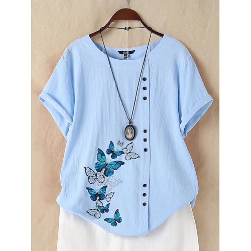 Chemise Femme 100% Coton Imprimé à Boutons Quotidien Linique Élégante Manches Courtes Col Ronde Blanc Été