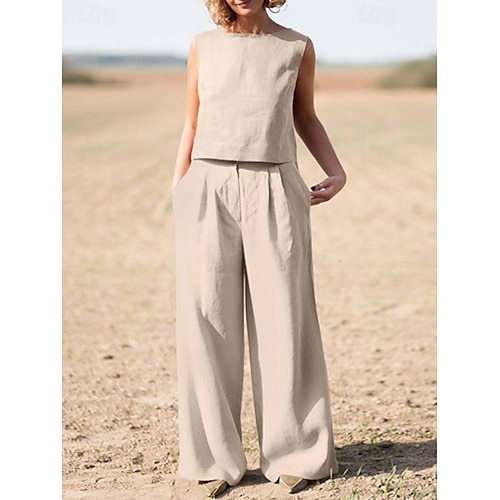Débardeur Chemises en coton et lin Ensemble Femmes Vert Véronèse bleu marine Kaki Uni 2 pièces in in france they say Pontalon wide leg Rue Quotidien Mode Col rond Coupe régulière M