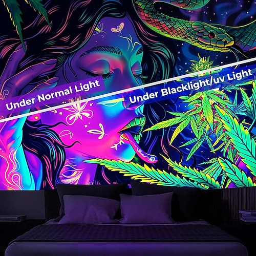 gobelin z czarnym światłem UV reaktywny świecący w ciemności świecąca impreza neonowa kobieta marihuana psychodeliczny trippy mglisty wiszący gobelin sztuka ścienna mural do salonu