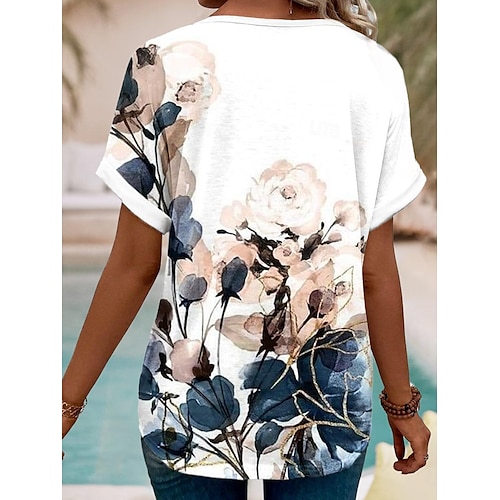  T-shirt pour femmes à impression florale col en V manches courtes haut décontracté rose marine taille multiple vêtements quotidiens de printemps été blouse confortable