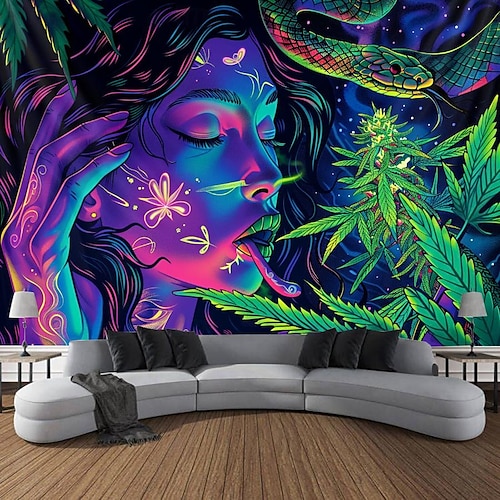  gobelin z czarnym światłem UV reaktywny świecący w ciemności świecąca impreza neonowa kobieta marihuana psychodeliczny trippy mglisty wiszący gobelin sztuka ścienna mural do salonu