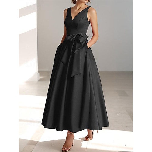 Robe de Cocktail de Mariage A-Line Robe Élégante Invité de Mariage Kentucky Longueur Thé Sans Manches Col V Poche Satin avec Nœud(s)