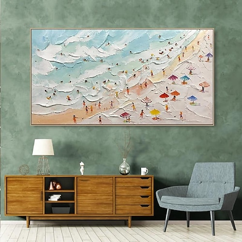  dipinto a mano happy coast pittura nuoto pittura pittura personalizzata texture onda spiaggia pittura a olio arte della parete regalo personalizzato arte estate arte costale folle sulla riva pittura