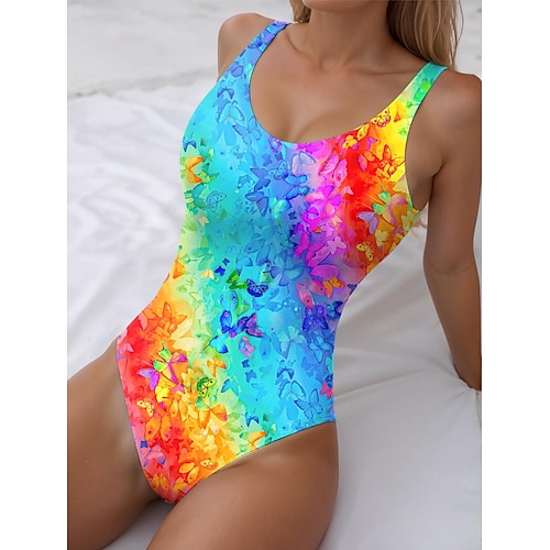 Maillots de bain pour femmes Maillots de bain 1 Pièce Contrôle du Ventre Imprimé Papillon Multicolore Sans Manches Col Scoop Tissu Élastique Mode Plage d'Été Mode au Bord de la Piscine Maillots de