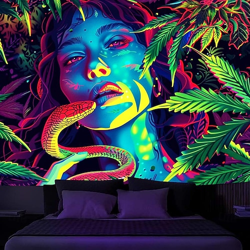  gobelin z czarnym światłem UV reaktywny świecący w ciemności świecąca impreza neonowa kobieta marihuana psychodeliczny trippy mglisty wiszący gobelin sztuka ścienna mural do salonu