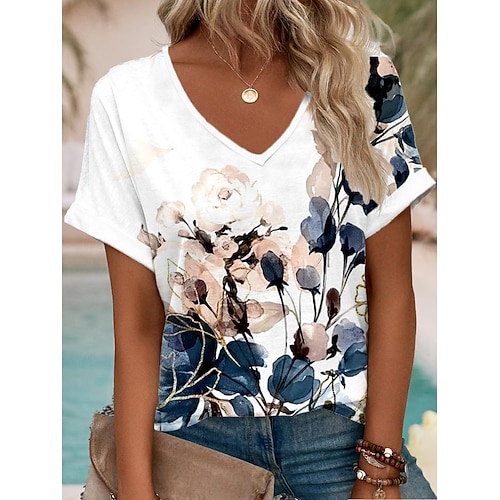  T-shirt pour femmes à impression florale col en V manches courtes haut décontracté rose marine taille multiple vêtements quotidiens de printemps été blouse confortable