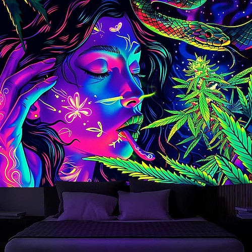  gobelin z czarnym światłem UV reaktywny świecący w ciemności świecąca impreza neonowa kobieta marihuana psychodeliczny trippy mglisty wiszący gobelin sztuka ścienna mural do salonu